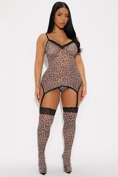 Make It A Wild Night 3 Piece Bodysuit Set - Leopard