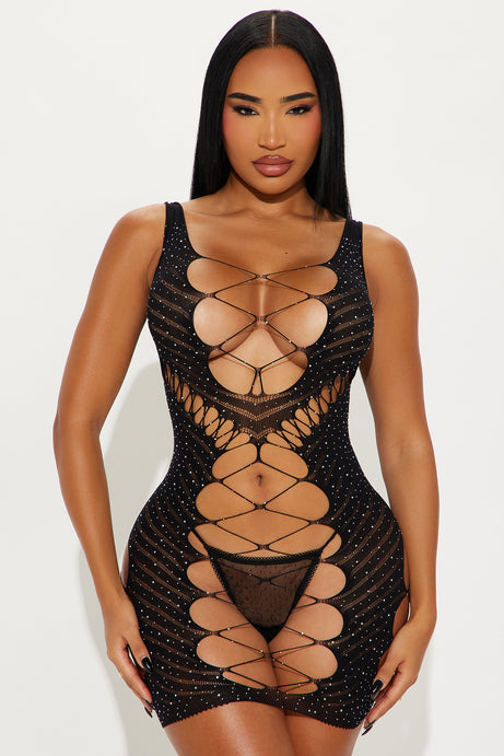 Night Out Glitter Mini Dress Bodystocking - Black