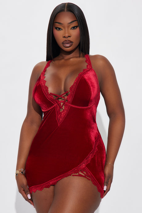 Wine By The Fireplace Velvet Chemise - Red