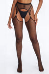 Suzette Ringed Fishnet Rhinestone Garter Thighs - Black