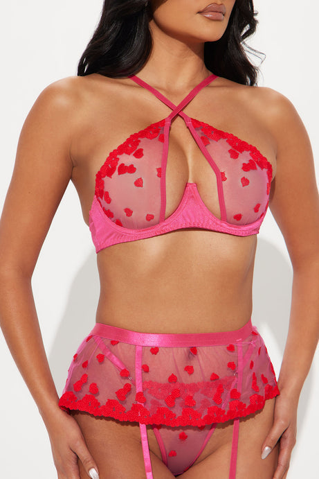 Amelia Embroidery Heart Garter 3 Piece Set - Pink/combo