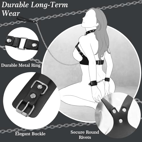 BDSM Bondage Sex Breast Restraints Set B to E Cup Boobs Sex Things for Couples Kinky Adult Sex Toys with Dual-Layer PU Leather Harness Collars with Traction Chain Handcuffs Accessories S&M Floggers|B0DSW3K6KC