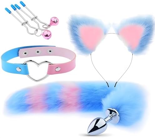 4pcs/Set Anal Sex Toys Fox Tail Butt Plug Set, Sexy Plush Cat Ear Headband, Faux Leather Necklace, Nipples Clip with Bell, Anal Expandor Massage Toy, Roleplay Couples Flirting Sex Toys|B0CPMBNP66