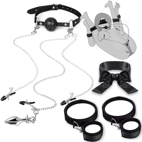Sex Bondage BDSM Bondaged Restraints Set Adults Sex Toy with Breathable Ball Gag Nipple Clamp Clitoris Clip & Analplug, Wrist Thigh Cuffs Handcuffs Leg Straps & Eye Mask Blindfolds Included|B0CDLFB9Y2