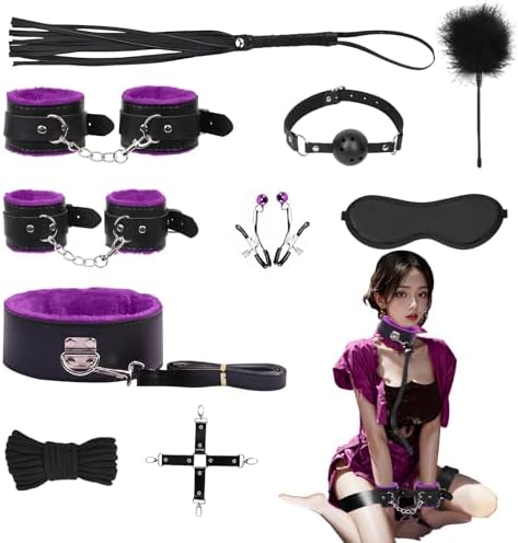 7-Pcs BDSM Kit for Beginners, Black Bondage Set for Couples with Adjustable Wrist & Ankle Cuffs, Collar, Blindfold, Ball Gag, Flogger & Ropes, Complete Adult Toy|B0CTHZB358