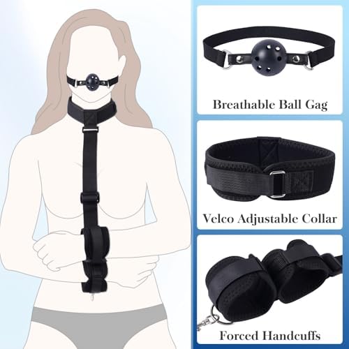 BDSM Bondage Neck to Wrist Restraints Kit with Ball Gag, Couples Sex Toys Adjustable Collar Back Sex Handcuffs Wrist Cuffs, Bed SM Games Bondage Gear Accessories for Couples, Roleplay & Bedroom Fun|B0F87KHJ6R
