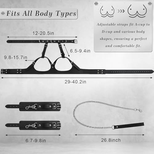 BDSM Bondage Sex Breast Restraints Set B to E Cup Boobs Sex Things for Couples Kinky Adult Sex Toys with Dual-Layer PU Leather Harness Collars with Traction Chain Handcuffs Accessories S&M Floggers|B0DSW3K6KC