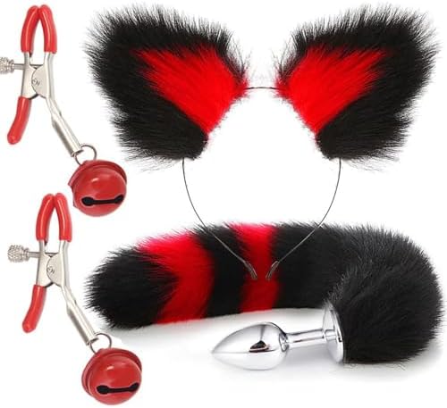 Fox Tail Anal Plug with Sexy Tail for Cosplay, Adult Sex Toys of Stainless Steel Anal Plug with Nipple Clamp and Collar White and Black Mix|B0DSB3WPXH