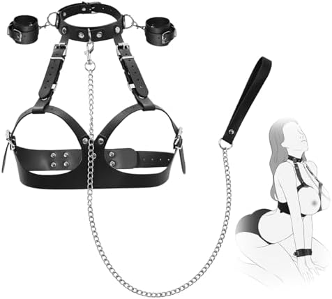 BDSM Bondage Sex Breast Restraints Set B to E Cup Boobs Sex Things for Couples Kinky Adult Sex Toys with Dual-Layer PU Leather Harness Collars with Traction Chain Handcuffs Accessories S&M Floggers|B0DSW3K6KC
