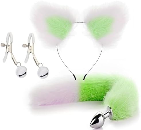 Fox Tail Anal Plug with Sexy Tail for Cosplay, Adult Sex Toys of Stainless Steel Anal Plug with Nipple Clamp and Collar White and Black Mix|B0DSB3WPXH