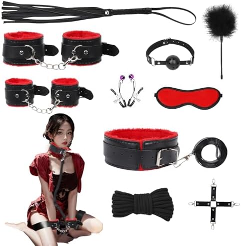 7-Pcs BDSM Kit for Beginners, Black Bondage Set for Couples with Adjustable Wrist & Ankle Cuffs, Collar, Blindfold, Ball Gag, Flogger & Ropes, Complete Adult Toy|B0CTHZB358