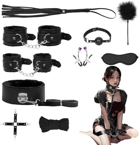 7-Pcs BDSM Kit for Beginners, Black Bondage Set for Couples with Adjustable Wrist & Ankle Cuffs, Collar, Blindfold, Ball Gag, Flogger & Ropes, Complete Adult Toy|B0CTHZB358