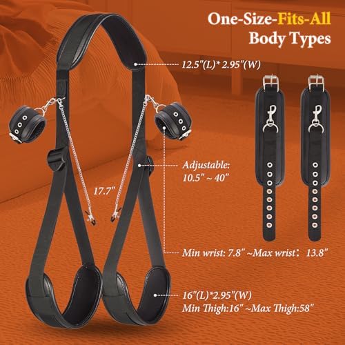 Sex Bondage Restraints BDSM Kit - Leather Neck to Thigh/Ankle Sling Bed Restraints Set for Couples, Adjustable Sex Straps with Handcuffs & Detachable Nipple Clamps, Adult Sex Toys for Women Men|B0G149Y671