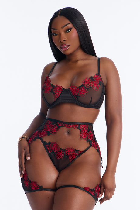 Special Rose Sheer Embroidered 3 Piece Set - Black/Red