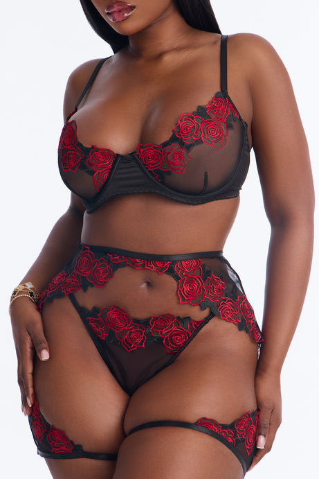 Special Rose Sheer Embroidered 3 Piece Set - Black/Red