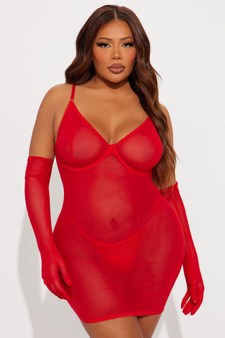 Harley Mesh Chemise Dress With Gloves - Red