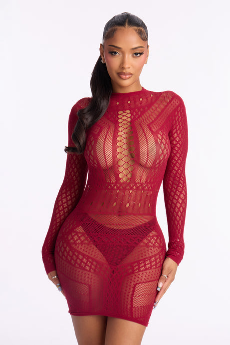 Forbidden Web Knit Bodystocking Dress - Burgundy