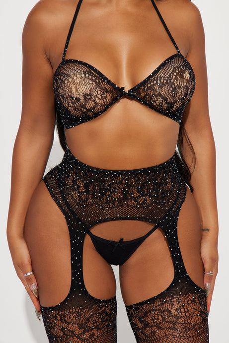 Got My Ex Begging Bodystocking 3 Piece Set - Black