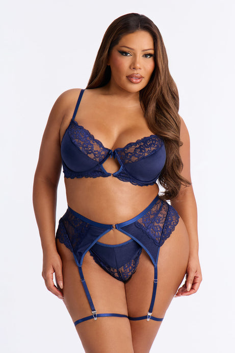 Jordana 3 Piece Velvet Bra And Panty Garter Belt Set - Navy