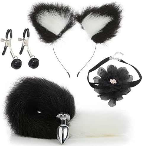 Fox Tail Anal Plug with Sexy Tail for Cosplay, Adult Sex Toys of Stainless Steel Anal Plug with Nipple Clamp and Collar White and Black Mix|B0DSB3WPXH