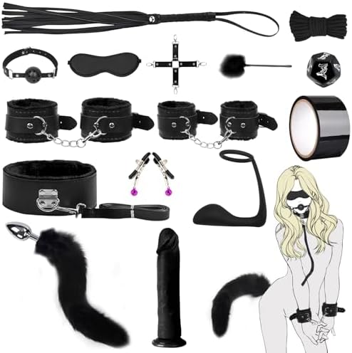 7-Pcs BDSM Kit for Beginners, Black Bondage Set for Couples with Adjustable Wrist & Ankle Cuffs, Collar, Blindfold, Ball Gag, Flogger & Ropes, Complete Adult Toy|B0CTHZB358