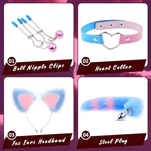4pcs/Set Anal Sex Toys Fox Tail Butt Plug Set, Sexy Plush Cat Ear Headband, Faux Leather Necklace, Nipples Clip with Bell, Anal Expandor Massage Toy, Roleplay Couples Flirting Sex Toys|B0CPMBNP66
