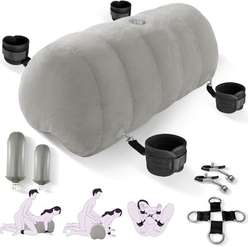 Sex Pillow Couples Sex Toys, Heart Shaped Inflatable Cushion Furniture for Bedroom Dildo Mount, Upsize Pillow with Bondage Cuffs, Cross Strap, Nipple Clamps BDSM Kit|B0D1KY671M