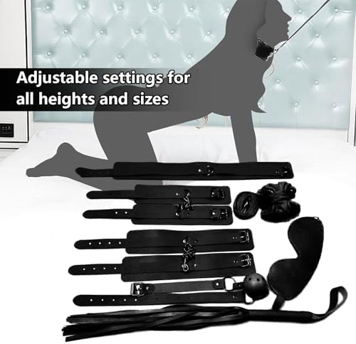 7-Pcs BDSM Kit for Beginners, Black Bondage Set for Couples with Adjustable Wrist & Ankle Cuffs, Collar, Blindfold, Ball Gag, Flogger & Ropes, Complete Adult Toy|B0CTHZB358
