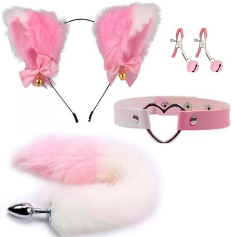 Fox Tail Anal Plug with Sexy Tail for Cosplay, Adult Sex Toys of Stainless Steel Anal Plug with Nipple Clamp and Collar White and Black Mix|B0DSB3WPXH