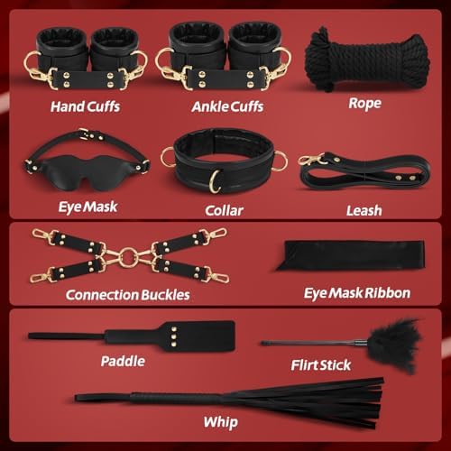 Sex Bondage Restraints Kit BDSM - 21PCS Leather Handcuffs Ankle Cuffs Furniture Restraint Accessories with Storage Bag Adult Sex Toys for Men Women Couples Foreplay | Black|B0DCVR5FDJ
