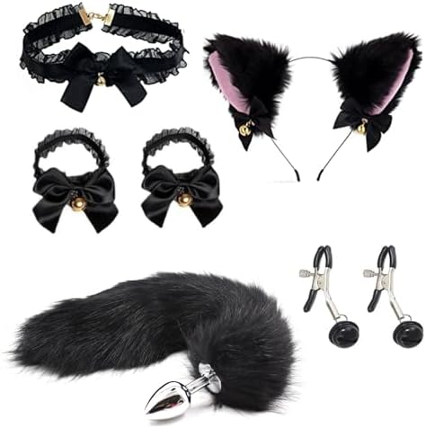 Fox Tail Anal Plug with Sexy Tail for Cosplay, Adult Sex Toys of Stainless Steel Anal Plug with Nipple Clamp and Collar White and Black Mix|B0DSB3WPXH