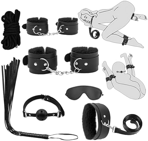 7-Pcs BDSM Kit for Beginners, Black Bondage Set for Couples with Adjustable Wrist & Ankle Cuffs, Collar, Blindfold, Ball Gag, Flogger & Ropes, Complete Adult Toy|B0CTHZB358