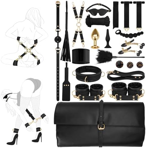 Sex Bondage Restraints Kit BDSM - 21PCS Leather Handcuffs Ankle Cuffs Furniture Restraint Accessories with Storage Bag Adult Sex Toys for Men Women Couples Foreplay | Black|B0DCVR5FDJ