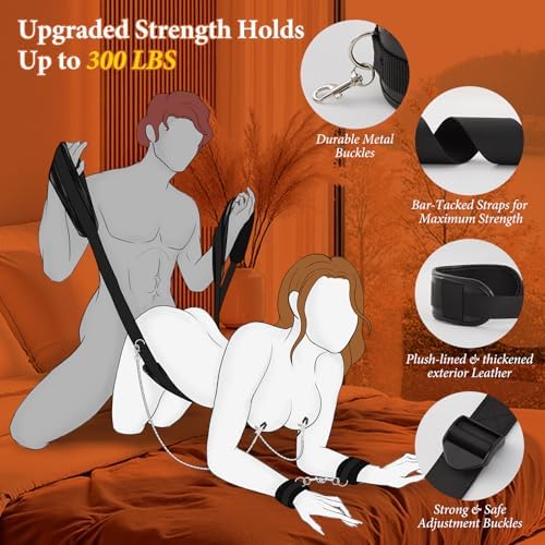 Sex Bondage Restraints BDSM Kit - Leather Neck to Thigh/Ankle Sling Bed Restraints Set for Couples, Adjustable Sex Straps with Handcuffs & Detachable Nipple Clamps, Adult Sex Toys for Women Men|B0G149Y671
