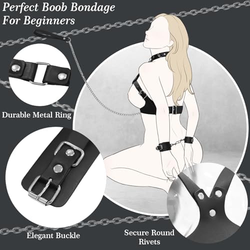 BDSM Bondage Sex Breast Restraints Set B to E Cup Boobs Sex Things for Couples Kinky Adult Sex Toys with Dual-Layer PU Leather Harness Collars with Traction Chain Handcuffs Accessories S&M Floggers|B0DSW3K6KC