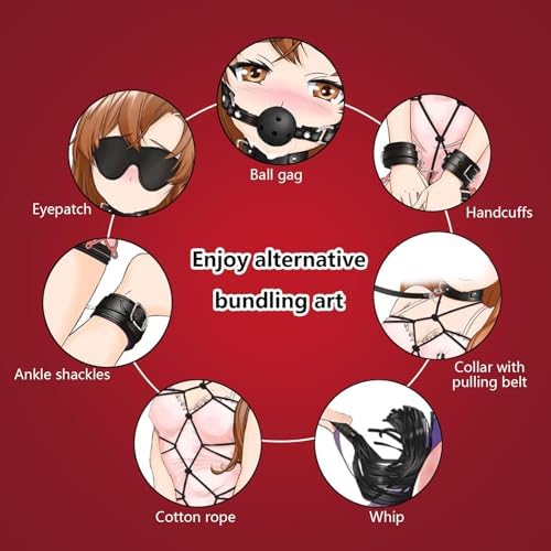 7-Pcs BDSM Kit for Beginners, Black Bondage Set for Couples with Adjustable Wrist & Ankle Cuffs, Collar, Blindfold, Ball Gag, Flogger & Ropes, Complete Adult Toy|B0CTHZB358