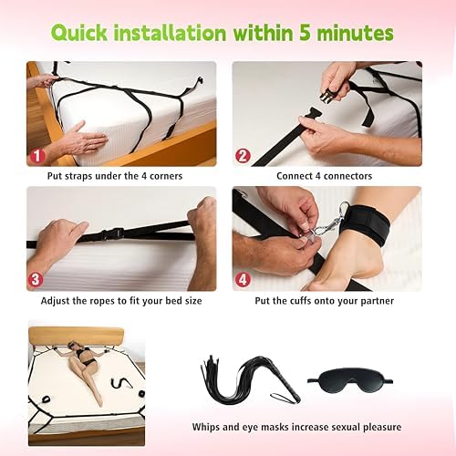 Sex Bondage BDSM Kit Bed Restraints Set, Super Easy Install Sex Rope Adjustable Straps, Sex Toys with Handcuffs Ankle Cuff for Adults Women Couples Game Pleasure (Black)|B0FR4YMQN3