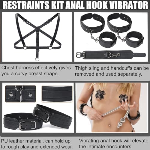 Vibrating Anal Hook BDSM Sex Bondage Restraints Kit, Thigh Sling Chest Harness Behind Back Handcuffs, 3 Balls Anal Trainer with 9 Vibration Modes, SM Fetish Unisex Sex Toys for Couples|B0CPJ3HTFS