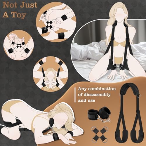 BDSM Sex Bondage Bed Restraint Adjustable Neck to Thigh Restraints with Hand to Ankle Sex Harness Sling, Detachable Handcuffs & Ankle Cuffs with Cross Buckle,Ideal for Couples & Adult Beginner Sex Toy|B0F5PVMJZB